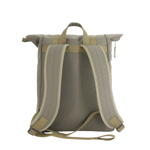 5. Back view of Noel khaki backpack emphasizing padded back and shoulder straps