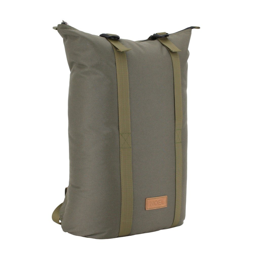 8. Angled back view of Noel khaki backpack highlighting padded straps and durable design