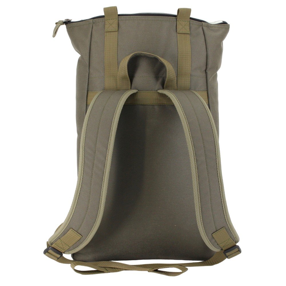 4. Detailed back view of Noel khaki backpack with padded support and adjustable straps