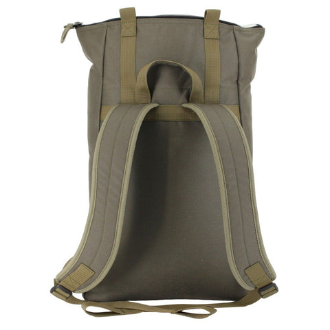 4. Detailed back view of Noel khaki backpack with padded support and adjustable straps