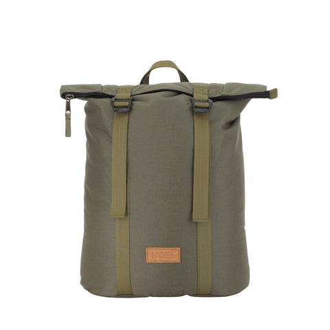 1. Front view of Noel khaki zip backpack with G-hook closure, showcasing urban style and functionality