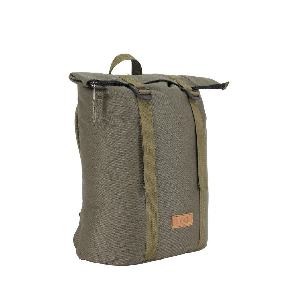 10. Angled front view of Noel khaki backpack with G-hook closure and spacious design