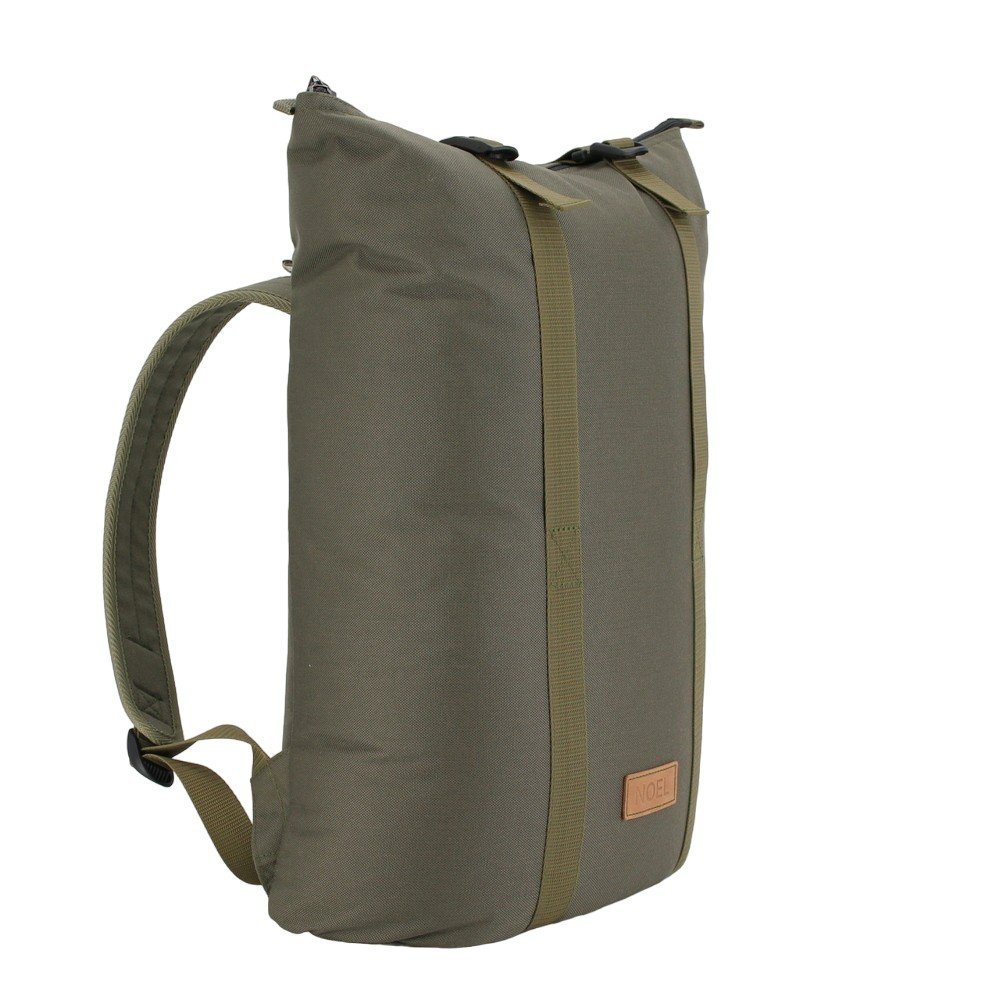 9. Angled side view of Noel khaki backpack showcasing urban style and practicality