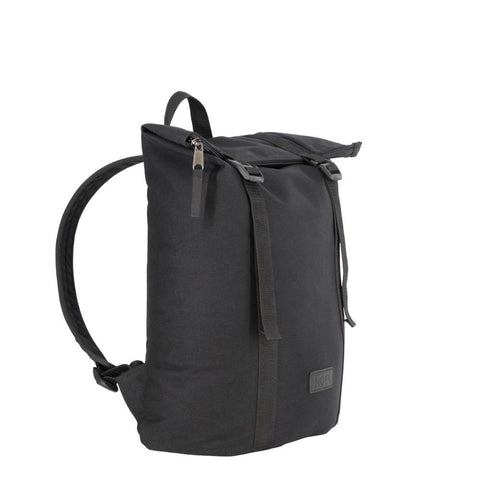 2. Side view of Noel black zip backpack with G-hook, showing adjustable straps