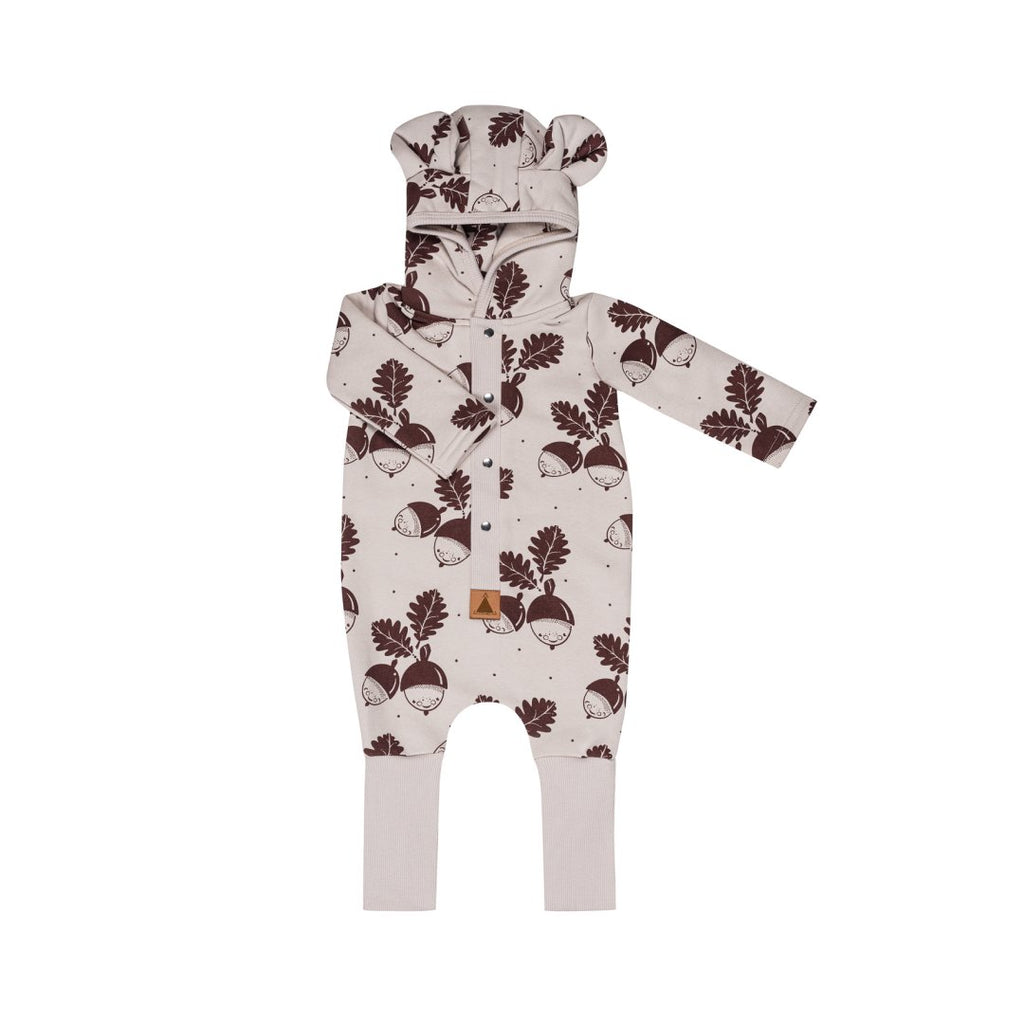 4. Zezuzulla eared jumpsuit with acorn print, shown flat with hood and ears