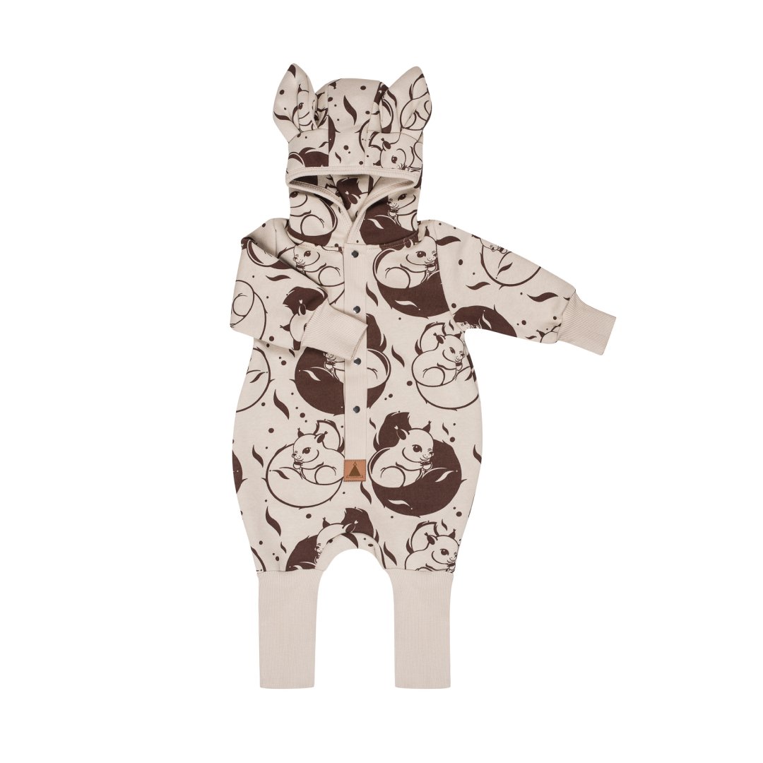 4. Flat lay of beige squirrel print jumpsuit with hood and ears, showing full design
