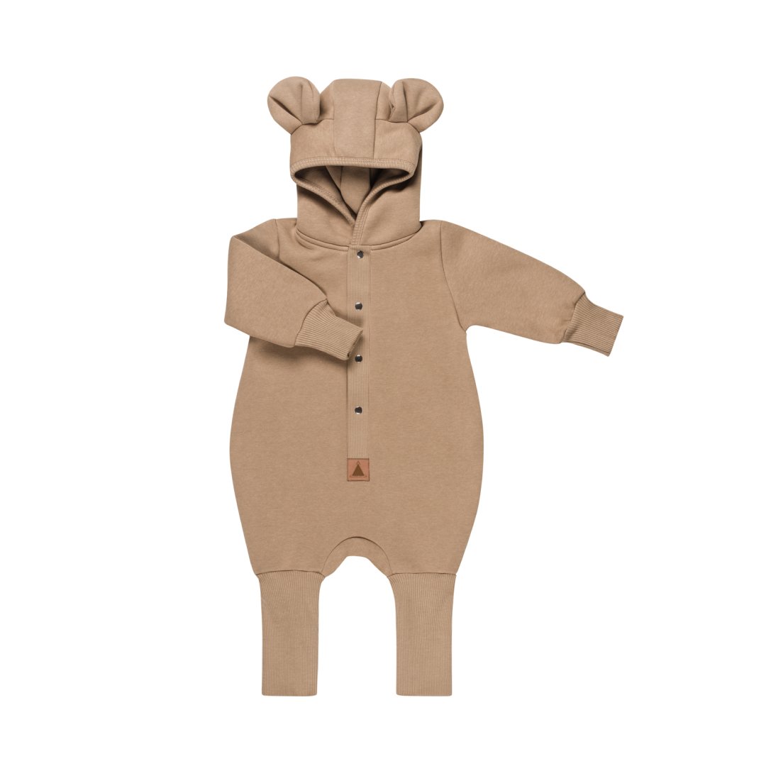 2. Eared jumpsuit for babies in cacao color with hood and rounded ears, shown flat with foldable cuffs and leg hems