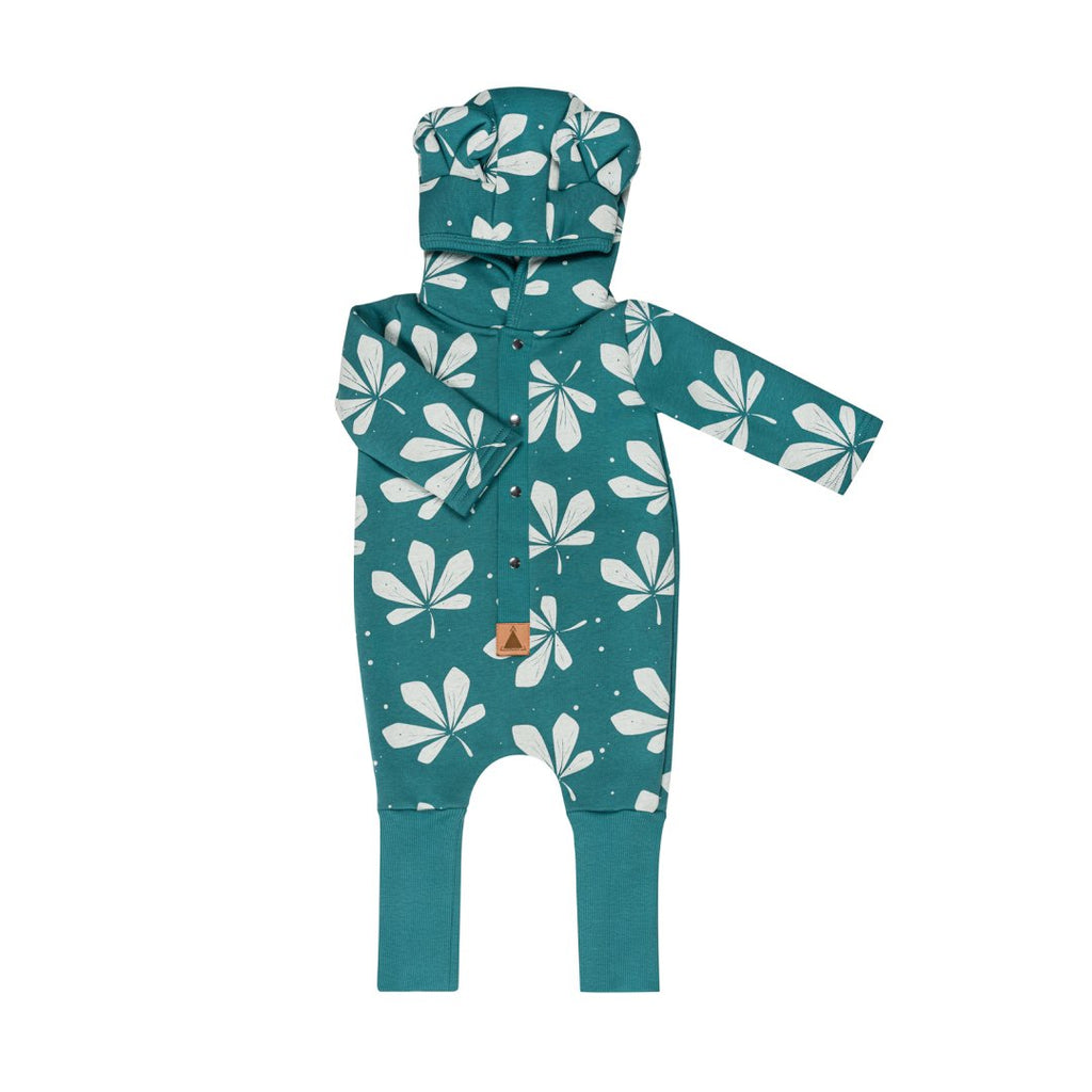 7. Flat lay of green jumpsuit with chestnut leaf print and hood with ears