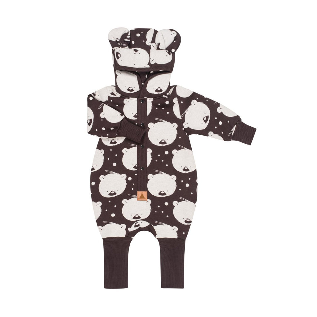 2. Chocolate polar bear print eared jumpsuit for babies with hood and foldable cuffs, shown on white background