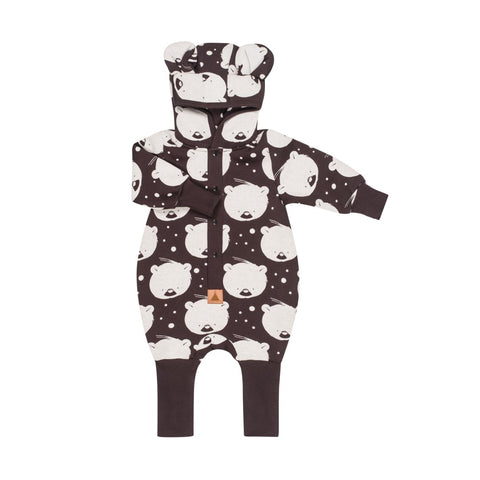2. Chocolate polar bear print eared jumpsuit for babies with hood and foldable cuffs, shown on white background