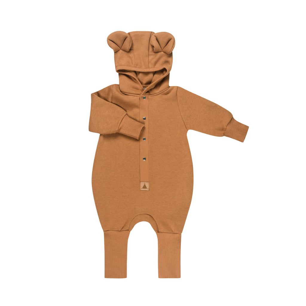 2. Cinnamon eared jumpsuit for babies and kids with hood and foldable cuffs, shown flat on white background