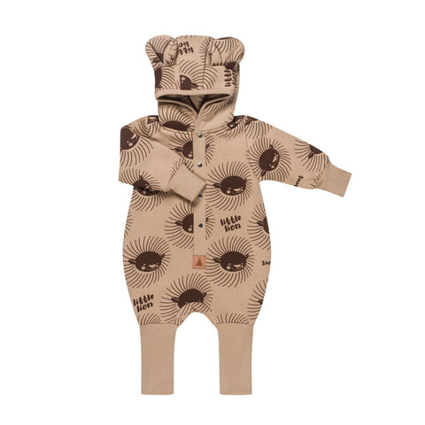 2. Baby jumpsuit with lion print and hood featuring rounded ears, in beige and brown, shown flat with button closure and foldable cuffs