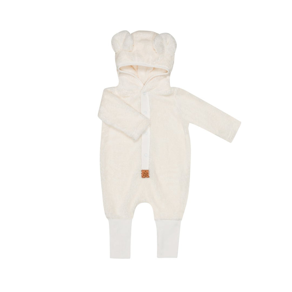 4. Flat lay of fuzzy ecru jumpsuit with bear ears hood and foldable cuffs