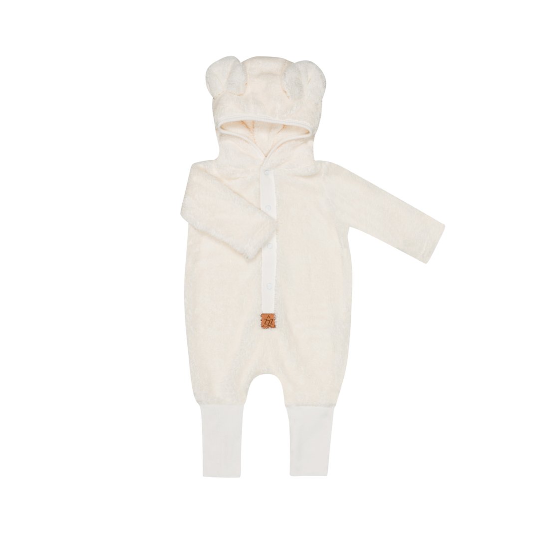 4. Flat lay of fuzzy ecru jumpsuit with bear ears hood and foldable cuffs