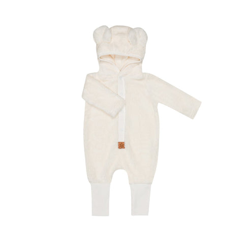 4. Flat lay of fuzzy ecru jumpsuit with bear ears hood and foldable cuffs