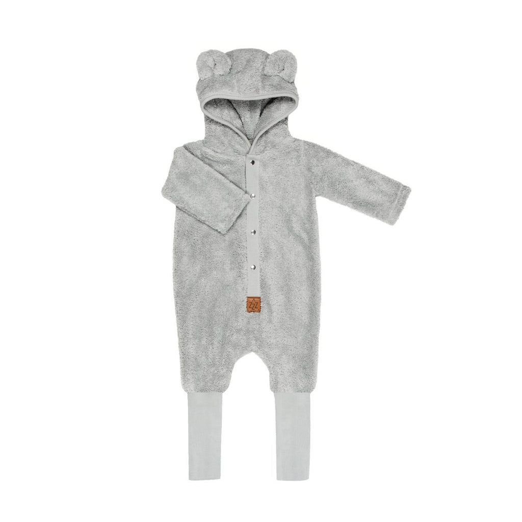 2. Fuzzy grey eared jumpsuit for babies and kids with hood and foldable cuffs, shown on white background