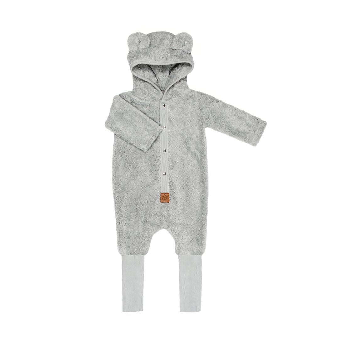 2. Fuzzy grey eared jumpsuit for babies and kids with hood and foldable cuffs, shown on white background