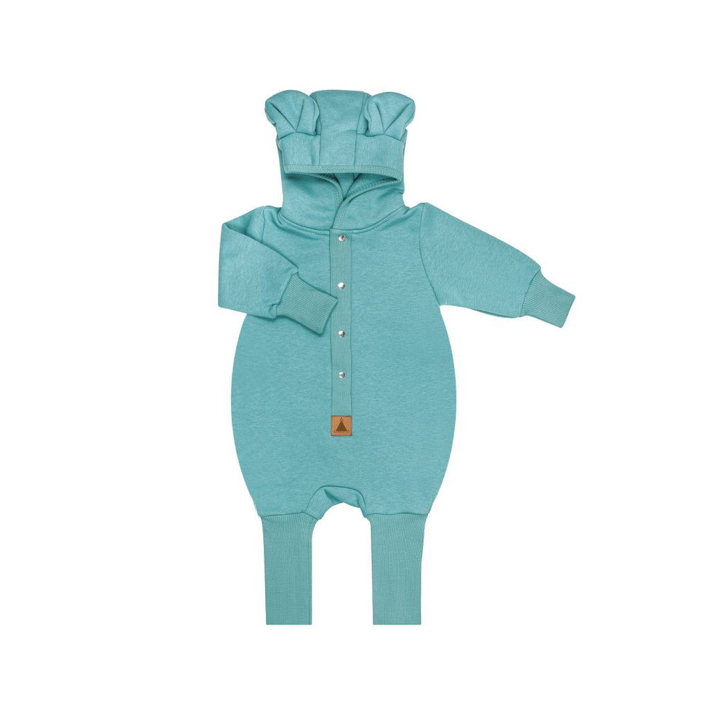 1. Mint green baby and kids jumpsuit with hood featuring cute rounded ears, foldable cuffs, and leg hems, made from soft cotton and elastane, shown on a white background