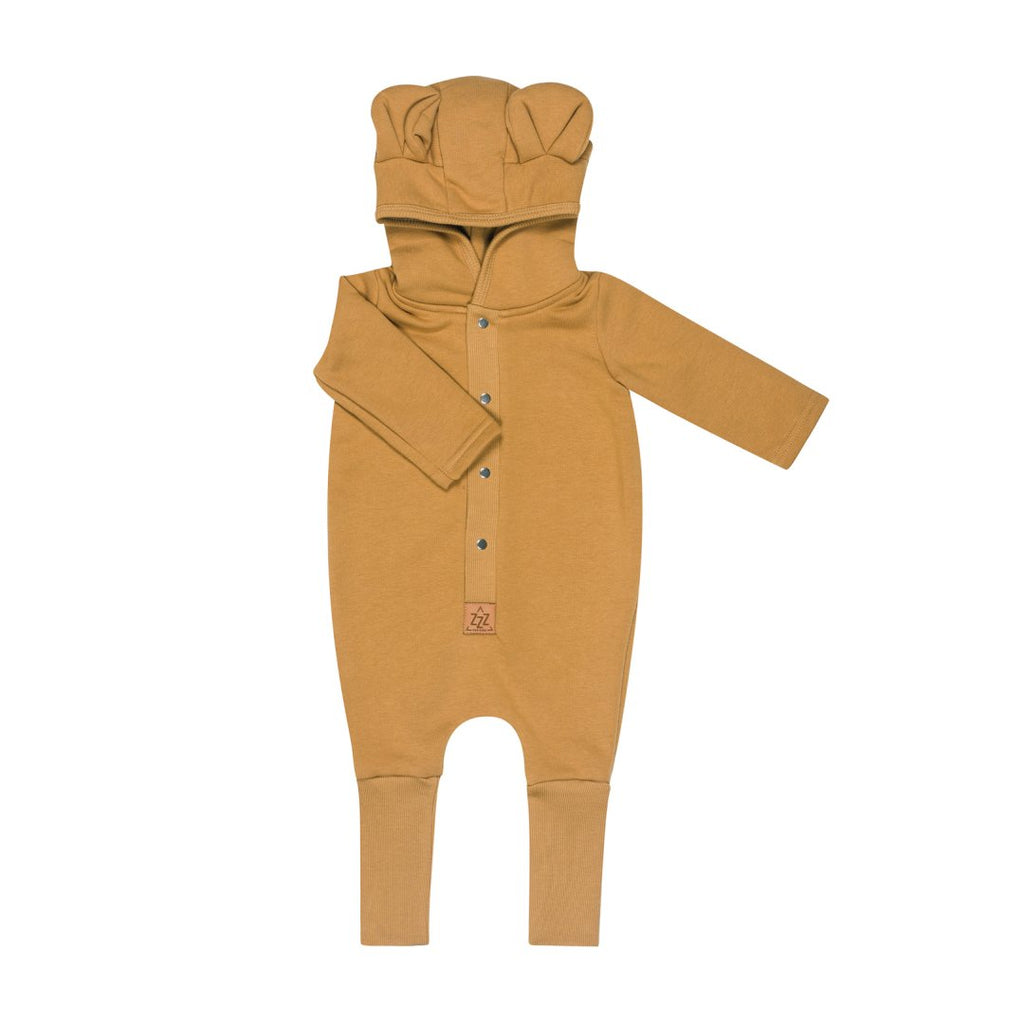 6. Flat lay of mustard eared jumpsuit with hood and button details
