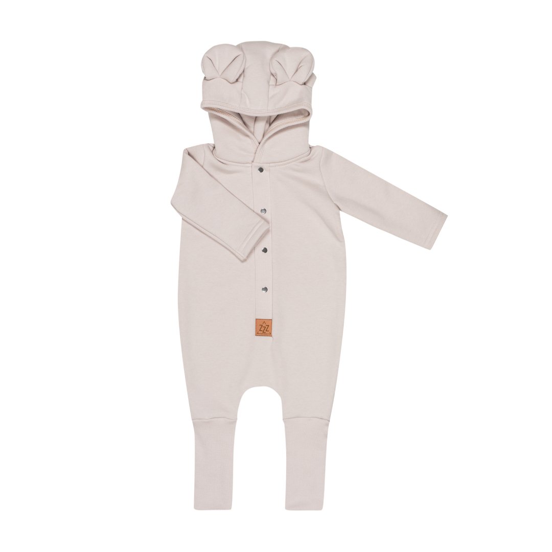 2. Sand-colored eared jumpsuit for babies and kids with hood and foldable cuffs, shown flat on white background