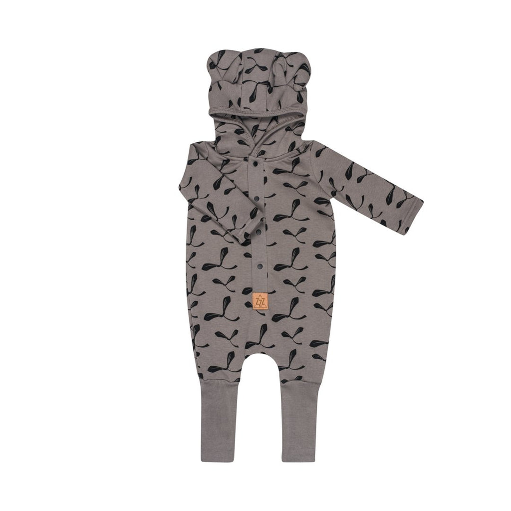 2. Steel jumpsuit for babies with maple seed print and hood with ears, shown flat with foldable cuffs and leg hems