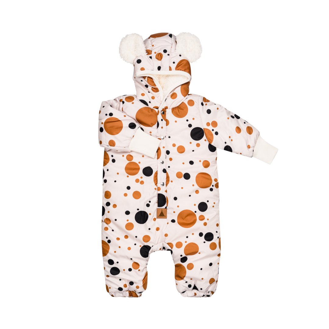 2. Black and orange polka dot winter jumpsuit for babies with teddy bear ears on hood, shown on white background