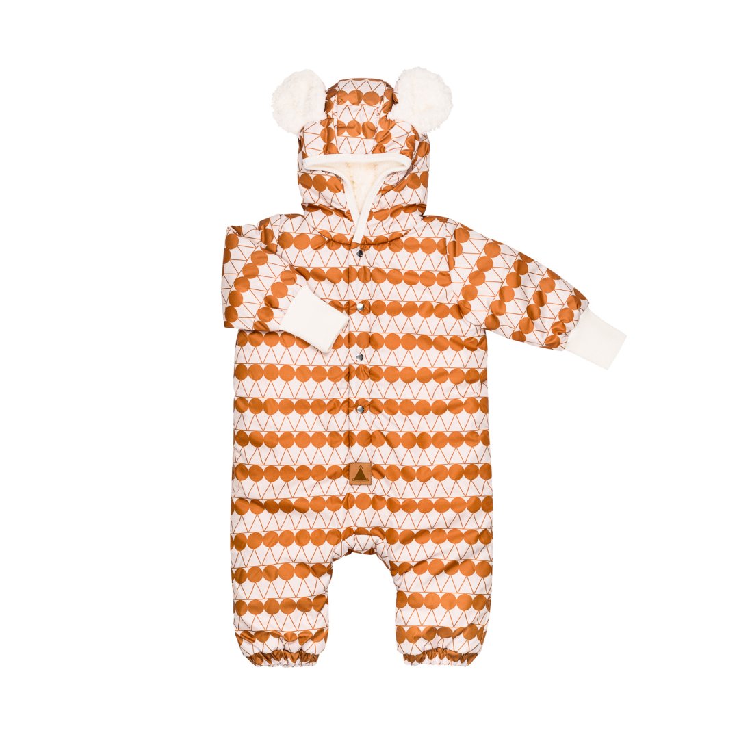 2. Orange and white dotted baby jumpsuit with hood and bear ears, shown flat with foldable cuffs and hems