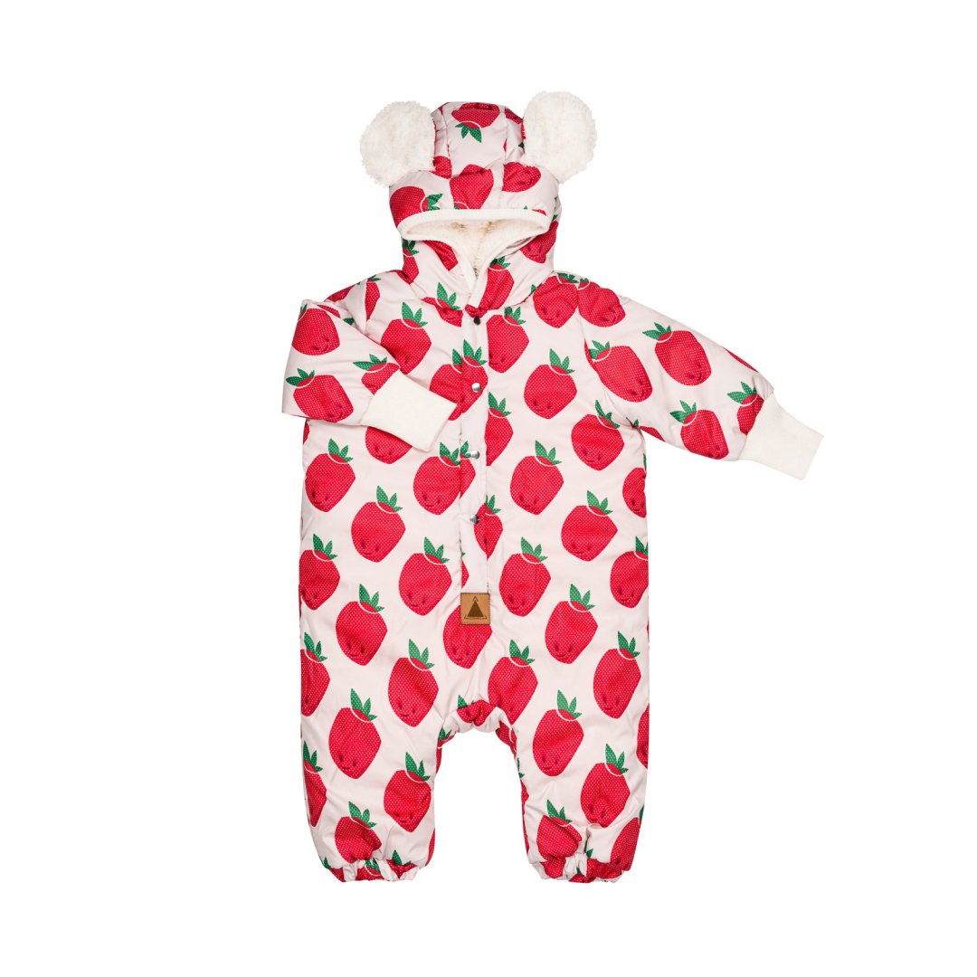 2. Zezuzulla baby jumpsuit with strawberry print and teddy bear ears on white background