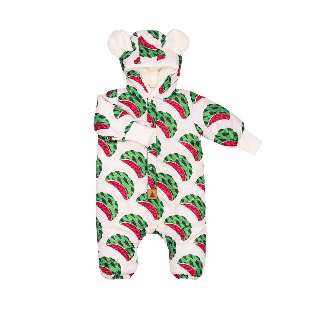 4. Zezuzulla baby jumpsuit with watermelon print and teddy ears hood on white background