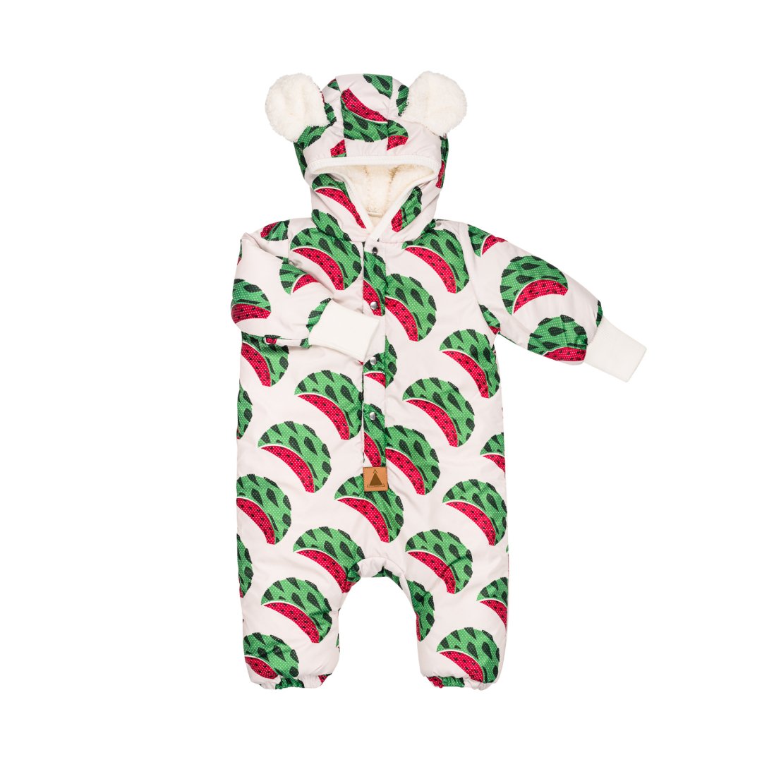 4. Zezuzulla baby jumpsuit with watermelon print and teddy ears hood on white background
