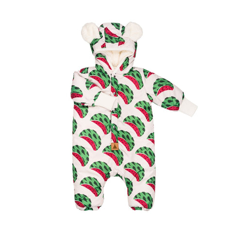 4. Zezuzulla baby jumpsuit with watermelon print and teddy ears hood on white background